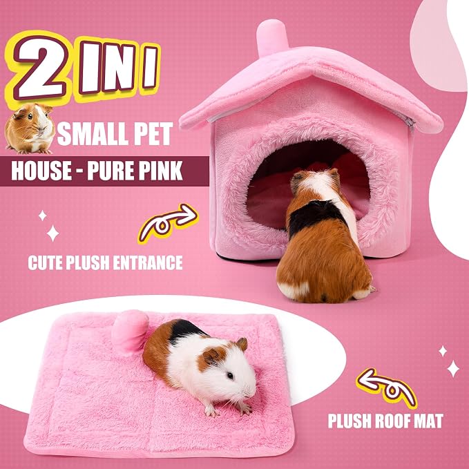 Guinea Pig Hideout - Guinea Pig Bed, Separable Plush Roof, Bunny Hideout, Rabbit Bed, House Bed for Small Pets, Pure Pink