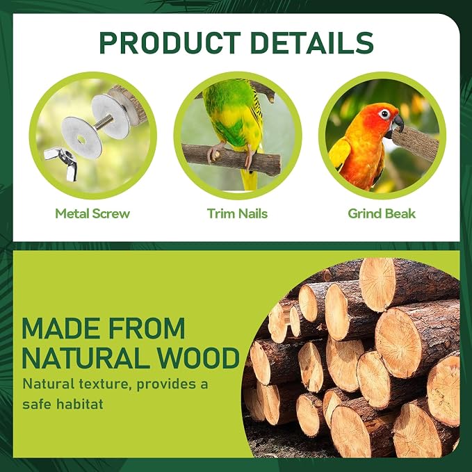 7PCS Natural Wood Bird Perch Set, Includes Paw Grinding Forks, Chewing Sticks, Exercise Branches, Hanging Multi-Branch Perch Platform, Swing Toy Rope Perches, for Medium Birds