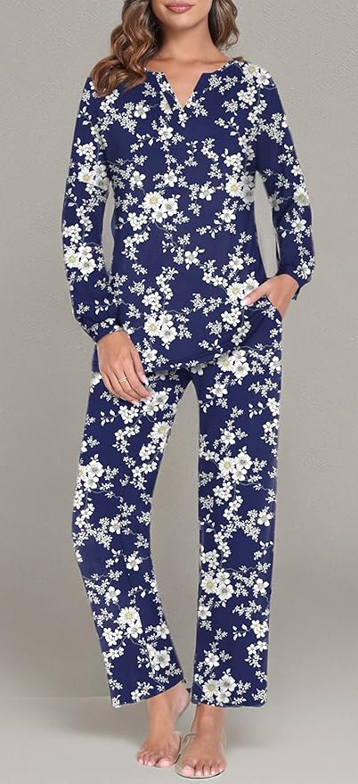 Anyally Women's Plus Size Pajama Sets Ladies Fall Pjs 2 Pieces Lounge Outfits V Neck Long Sleeves Sleepwear with Pockets