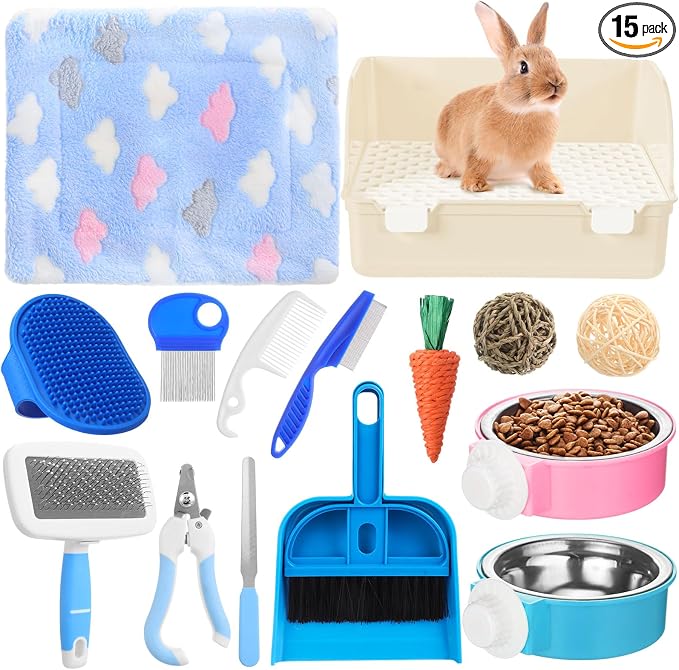 Reallnaive 15 Pcs Rabbit Starter Kit Small Rabbit Litter Box Girls Gift Animal Grooming Kit Bunny Toys Bowl Blankets with Cleaning Set for Guinea Pig Accessories(Beige)