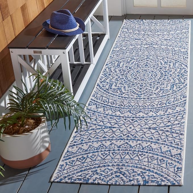 SAFAVIEH Courtyard Collection 2'3" x 8' Ivory/Navy CY8734 Indoor/ Outdoor Waterproof Easy Cleaning Patio Backyard Mudroom Runner Rug