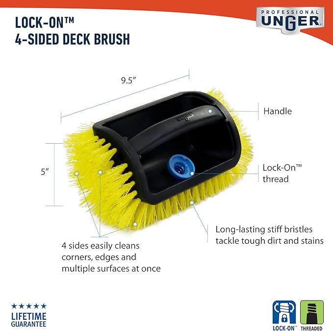 Unger Professional Lock-On 4-Sided Outdoor Scrub Brush, Compatible with Threaded Poles, Stiff Bristle Scrubbing, Cleaning Supplies for Decks, Stairs, Garage Floors, and Driveways