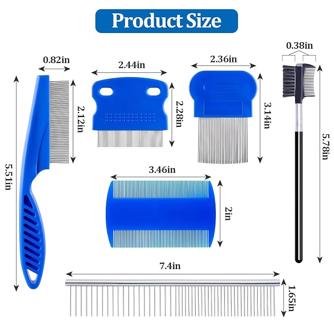 6 Pack Pet Grooming Combs, Stainless Steel Dog and Cat Grooming Combs with Rounded Teeth, Double-Sided Professional Pet Tear Stain Remover for Small, Medium, and Large Pets (Blue)