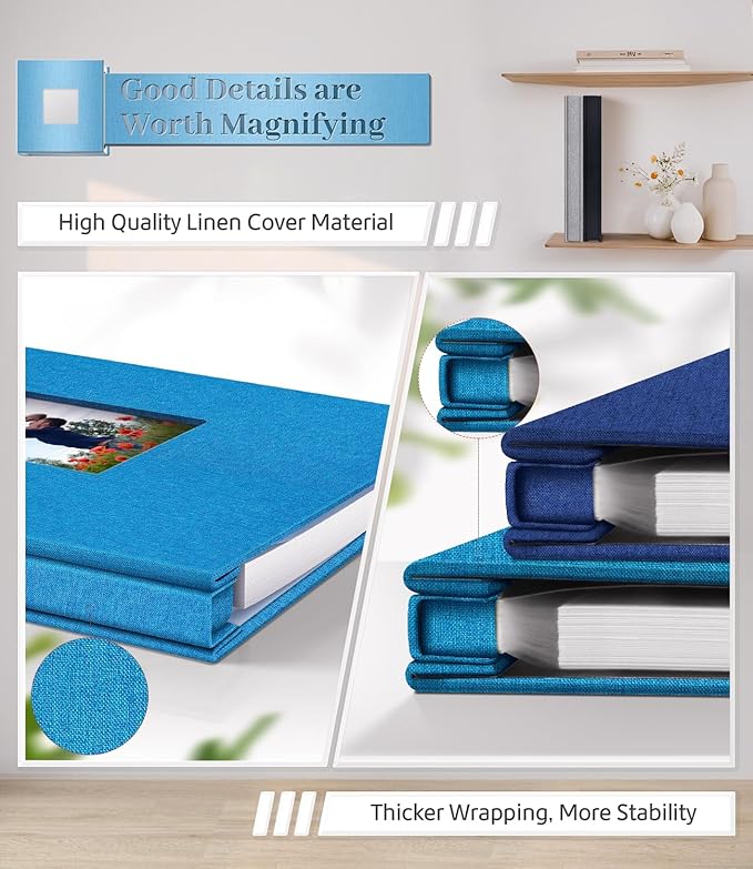 Photo Album Self Adhesive Scrapbook Album for 3x5 4x6 5x7 8x10 Pictures,120 Pages Linen Cover with Display Window DIY Photo Book,Ideal Gifts for Family Travel Wedding Baby