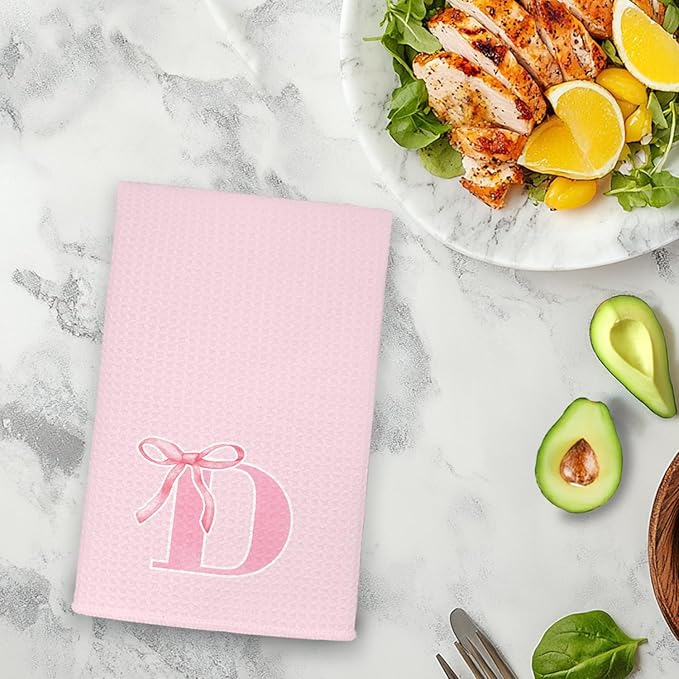 Monogrammed Initial D Hand Towels for Bathroom, Personalized Gifts for Women Girls Birthday Christmas, Coquette Preppy Pink Bows Waffle Kitchen Dish Tea Towels with Initial, 16x24 Inch