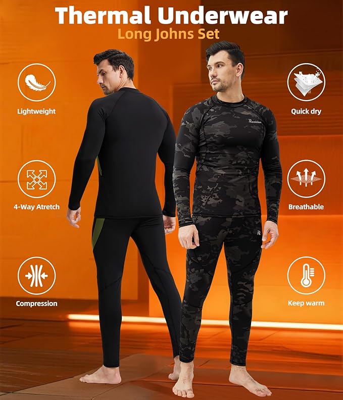 romision 2 Pack Thermal Underwear for Men Long Johns Fleece Lined Hunting Gear Bottom Top Set Base Layer Cold Weather XS-4XL