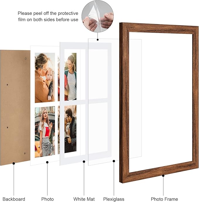 9x13 Collage frame with 4 Openings 4X6 Pictures, Multiple Picture Frame with Mat, Wall or Tabletop Decor, Carbonized Brown Wood Grain (1 Pack)