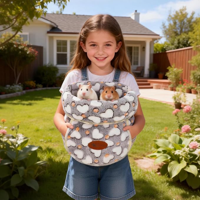 YUEPET Guinea Pig Bed Cuddle Cave, Warm Fleece Hideout, White Heart | Cozy Guinea Pig House, Portable Guinea Pig Hideout, Soft Coral Fleece, Folds Flat for Storage