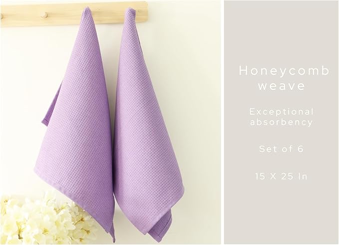 PurpleEssences Waffle Weave Kitchen Towel, 100% Cotton - 15x25 Inches, with Hanging Loop Ultra Soft Absorbent Quick Drying Dish Cloth, Tea and Hand Towels, 6 Pack - Christmas Holiday Winter - Lavender