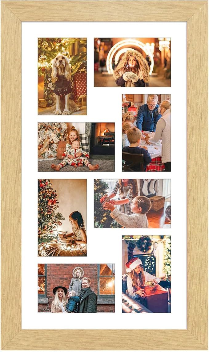 11.8x21.8 Picture Frame Display 8 opening 4X6 Picture Frame Collage,Multi Photo Frame with Mat,Plexiglass,Wall or Tabletop Decor,Natural Wood Grain