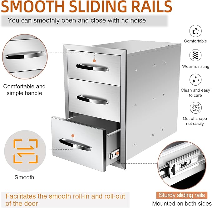 Outdoor Kitchen Drawers Stainless Steel 14W X 21H X 21D Inch, Flush Mount Triple BBQ Island Drawers with Handle for Outdoor Kitchens, Patio or Grill Station