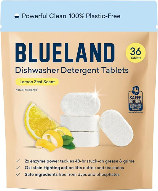 BLUELAND 100% Plastic-Free Dishwasher Detergent Tablets, 36 Count, Lemon Zest Scent, Eco Friendly Dishwashing Pods, Natural, USDA Certified biobased