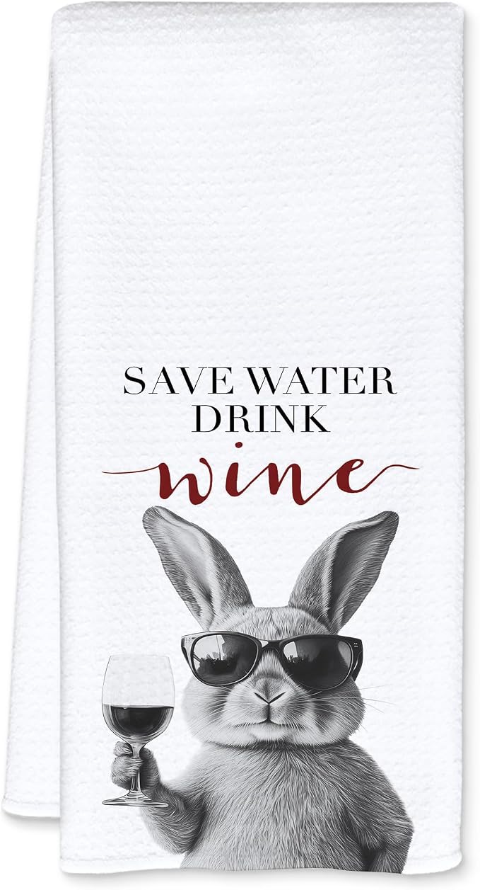 Funny Bunny Kitchen Towels, Gifts for Bunny Lovers Dish Tea Towels, Save Water Drink Wine Lover Gifts Decorative Bar Towel for Bartender Kitchen, 16x24 Inch