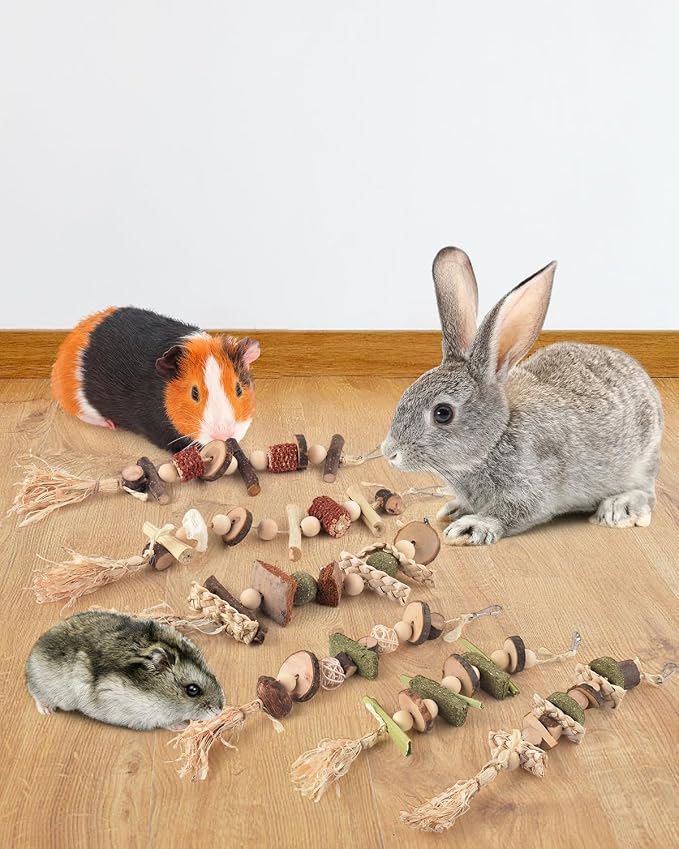 DBNESS 6PCS Bunny Chew Toys, Hamster Rabbit Cage Hanging Chew Toys, Natural Apple Wood Bunnies Treats, Improve Small Animal Teeth Health for Guinea Pig Chinchilla Ferret Rats Gerbil