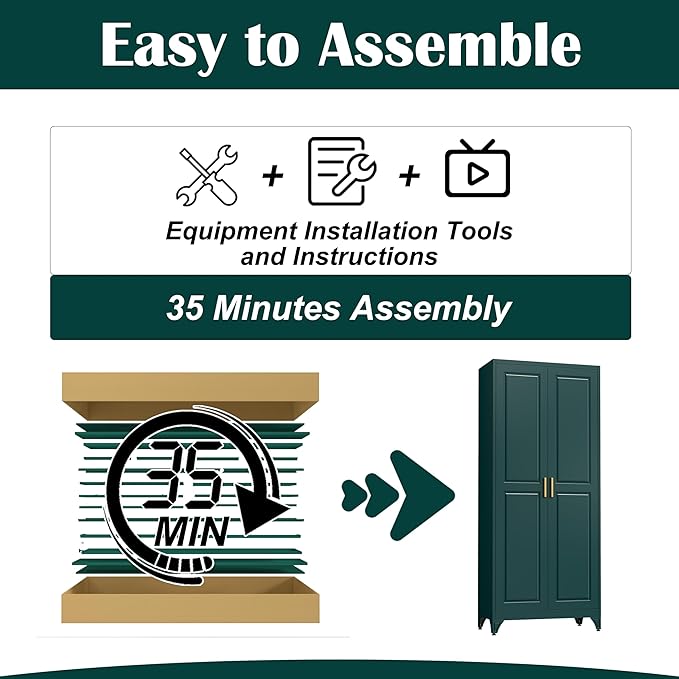 Kitchen Pantry Cabinet,75" Green Metal Storage Cabinets with Doors and 4 Adjustable Shelves,Kitchen Cabinet with 2 Gold Handles,Tall Cabinet for Livingroom,Pantry, Bathroom