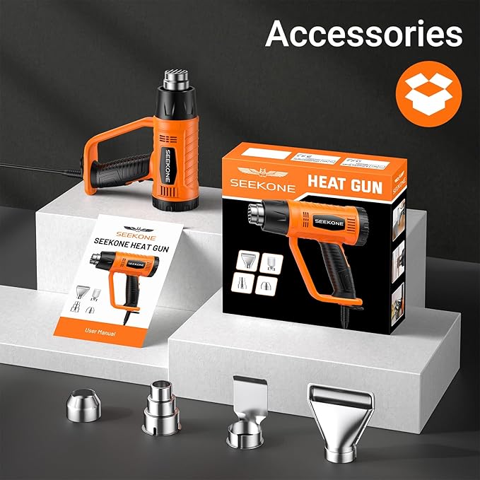 SEEKONE Heat Gun 1800W Heavy Duty Fast Heat Hot Air Gun Kit with 752℉&1112℉（400℃-600℃） Dual-Temperature Settings and 4 Nozzles with Overheat Protection for Crafts, Shrinking PVC, Stripping Paint