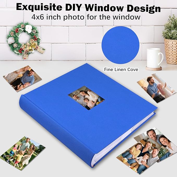 Photo Album 4x6 600 Photos with Writing Space Linen Cover with Front Window Picture Album, 600 Photos 4x6 Photo Album Book for Wedding Kids Travel Family Baby Pictures (Blue)