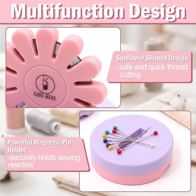 Sizobi Pink Magnetic Pin Holder with Thread Cutter, Blade Saver | Double-Sided Magnetic, 12 Cutting Point, Concealed Blade, Vertical Placement, Multi-functional Storage, Flower-shaped Design