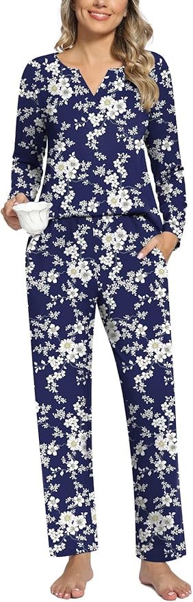 Anyally Women's Plus Size Pajama Sets Ladies Fall Pjs 2 Pieces Lounge Outfits V Neck Long Sleeves Sleepwear with Pockets