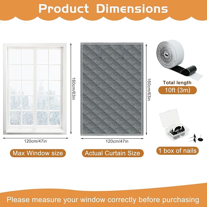 Window Insulation kit, 3-Layer Cotton Thermal Insulated Window Cover 47 Inch x 63 Inch Oxford Winter Window Covering Velcro Insulation Curtain for Cold Weather to Keep Warm (47X63inch)