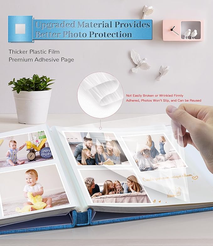Photo Album Self Adhesive Scrapbook Album for 3x5 4x6 5x7 8x10 Pictures,40 Pages Linen Cover with Display Window DIY Photo Book,Ideal Gifts for Family Travel Wedding Baby