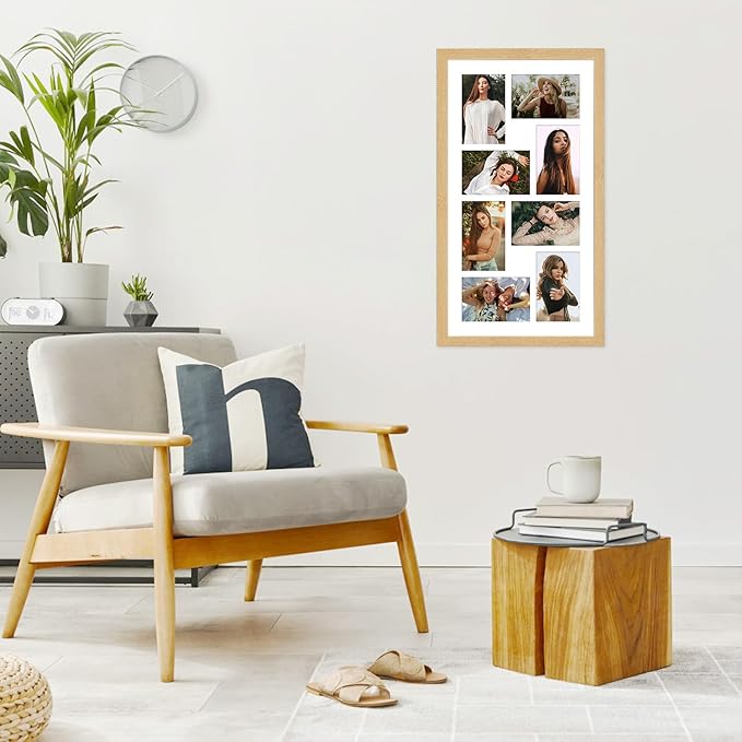 11.8x21.8 Collage frame with 8 Openings 4X6 Pictures, Multiple Picture Frame with Mat, Wall or Tabletop Decor, Natural Wood Grain,2 Pack