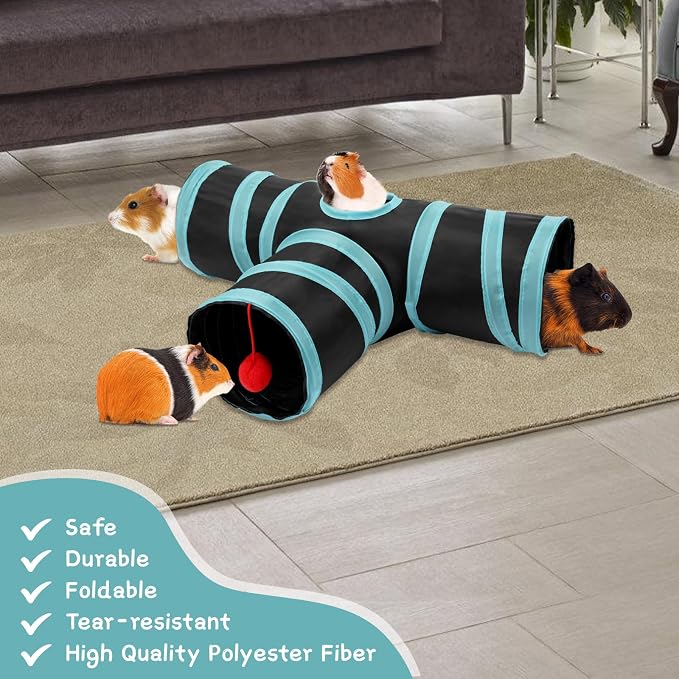 Rypet Guinea Pig Tunnel Hideout 3-Way Collapsible Pet Tubes, Blue Black | 3 Way Design for Exploration, Collapsible for Easy Storage, Built-in Play Ball, Hiding & Resting for Hamsters Ferrets