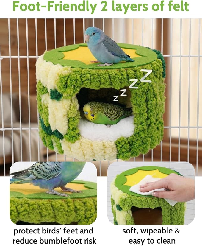 Bird Nest for Cage with Support Frame & Pad, Foot-Friendly Felt | Safe Hideout, Warm Bird Bed for Parakeets Lovebird Budgies, Winter Plush Coral Fleece Hammock Hut, Soft Washable Cozy House