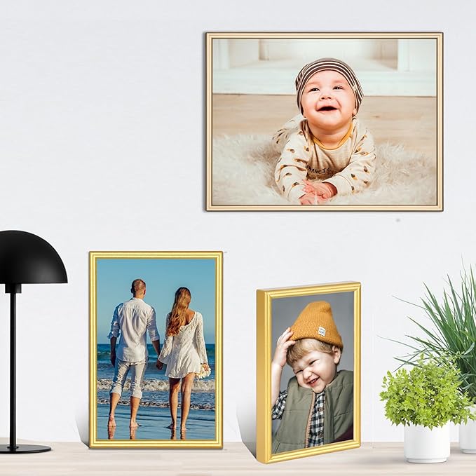 8x10 Picture Frame Matte Gold Modern Simple Thin Aluminum Metal Photo Frame with HD Real Glass, Display for Tabletop and Wall Collage. (2 Pack)