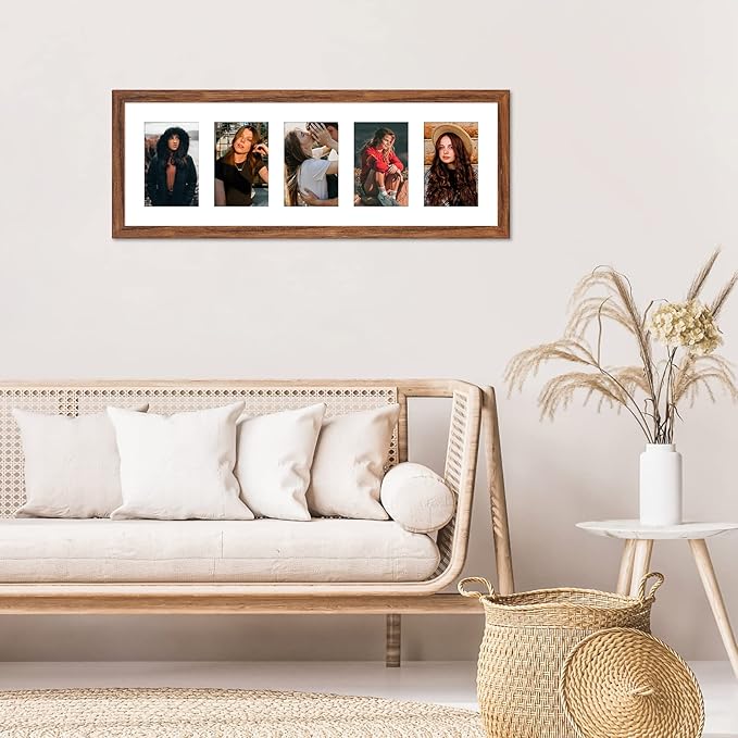 8x24 Collage frame with 5 Openings 4X6 Pictures, Multiple Picture Frame with Mat, Wall or Tabletop Decor, Carbonized Brown Wood Grain (1 Pack)