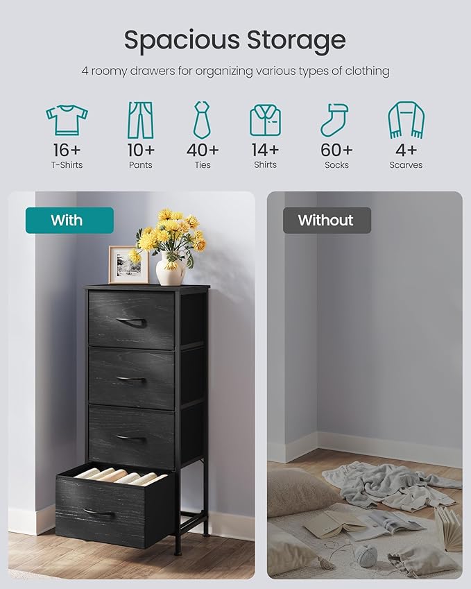 SONGMICS BELLAH Collection - Dresser for Bedroom, Chest of Drawers, Storage Organizer Unit, Closet, Entryway, Steel, 4 Drawers, Modern, Ebony Black ULGS314BE02S