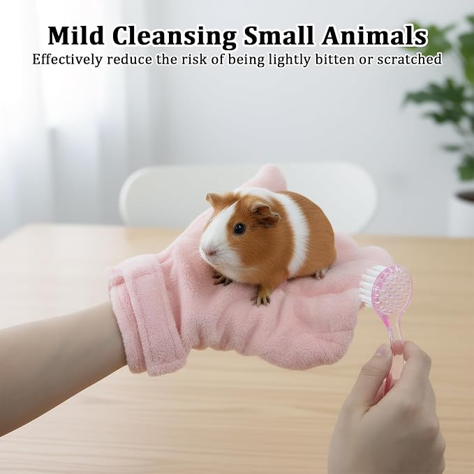 Hamster Bite Proof Glove and Grooming Brush Set, Adjustable Hamster Glove, Lid Soft Cleansing Brush Massage Combs, Guinea Pig Brush, Hamster Care Set for Hamsters, Ferrets, Hedgehogs (Pink)