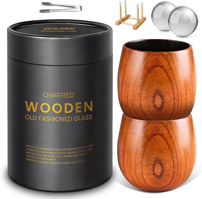 GENUINED Enlarged Charred Wooden Whiskey Glasses Set of 2, Bourbon Gifts for Men, Anniversary, Birthday, Christmas Gifts, Old Fashioned Smoked Bourbon Drinking Glass