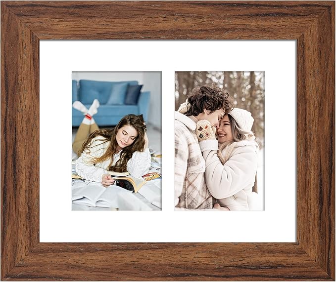8x10 Picture Frame Display Double 4X6 Picture Frame Collage,Multi Photo Frame with Mat,Plexiglass,Wall or Tabletop Decor,Carbonized Brown Wood Grain