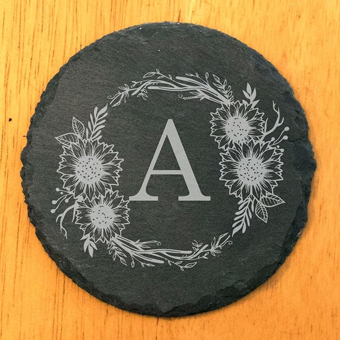 Personalized Monogram Family Coasters, Natural Stone Set, Birthday, Wedding, Customized, Rustic - Round Slate - Set of 6