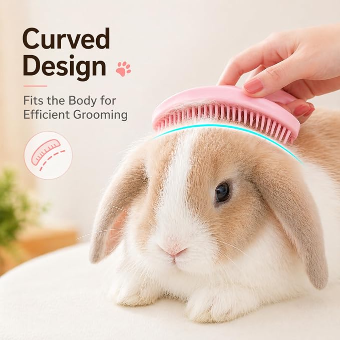 Large Silicone Grooming Brush for Rabbits, Cats & Small Dogs | Rabbit, Cat & Dog Fit | Soft Low-Stimulation Brush | Curved Pet Fit | Daily Bonding | Rinse-Clean Head