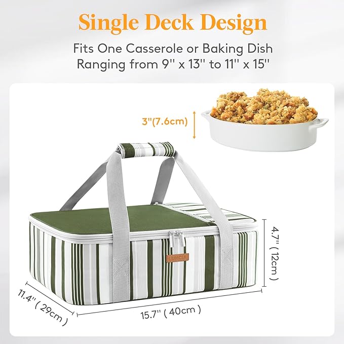 LUNCIA Insulated Single Decker Casserole Carrier, Lasagna Lugger Tote Keeps Food Hot or Cold, Thermal Lunch Bag for Potluck Parties, Picnic and Cookouts, Fits 9" x 13" Baking Dish, Dark Green