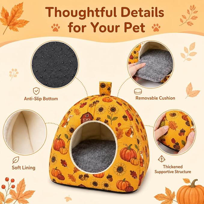 Guinea Pig Hideout Tunnel Set, 2 Pack Washable Small Animal Bed with Removable Cushion, Hamster Hideout Play Tunnel Toys for Guinea Pigs, Hamsters, Hedgehogs, Ferrets, Orange Pumpkin