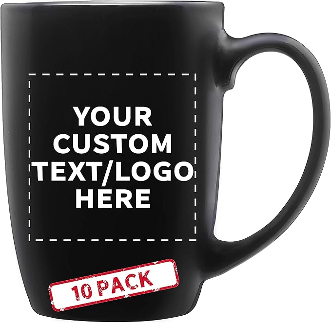 DISCOUNT PROMOS 10 Large Mocha Glossy Ceramic Coffee Mugs Set, 16 oz. - Customizable Text, Logo - Stoneware, Smooth, Durable, C-handle - Black