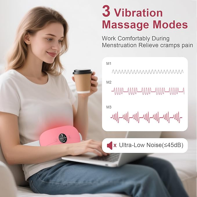 Portable Heating Pad for Period Cramps: Cordless Menstrual Heating Pad with 3 Heat Levels and 3 Massage Modes, 3s Fast Heating Gift for Women and Girl Light Pink