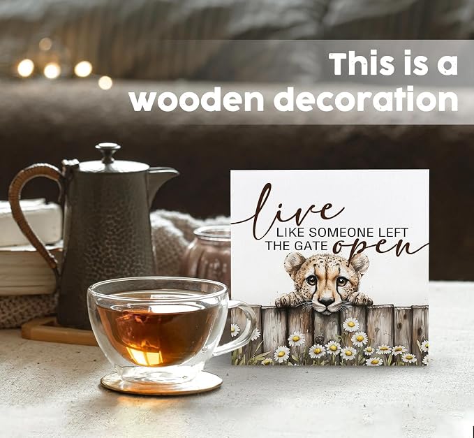 Nursery Cheetah Wooden Box Sign, Cute Live Like Someone Left the Gate Open Wooden Signs for Home Decor,Funny Animal Kitchen Bedroom Decor,Cheetah Gifts for Kids Boys Girls, 6x6