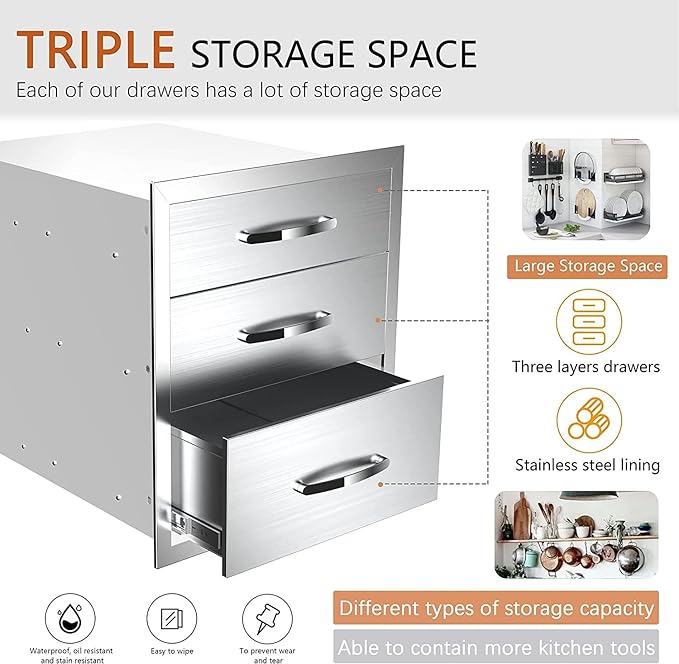 Outdoor Kitchen Drawers Stainless Steel 18W X 21H X 23D Inch, Flush Mount Triple BBQ Island Drawers with Handle for Outdoor Kitchens, Patio or Grill Station