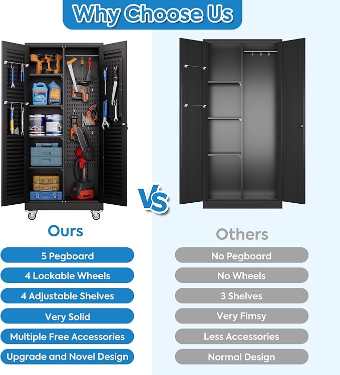Mop and Broom Closet Storage Cabinet with Wheels and Pegboard,Metal Garage Storage Cabinet with Doors and Adjustable Shelves for Garage Home,Required Assembly,Black