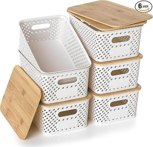 Plastic Storage Bins with Bamboo Lids, Stackable Small Box Baskets for Organizing and Containers for Shelves Drawers Desktop Closet Pantry Classroom Office Home, 6 Pack 10.2x7.2x4.1 Inch, White