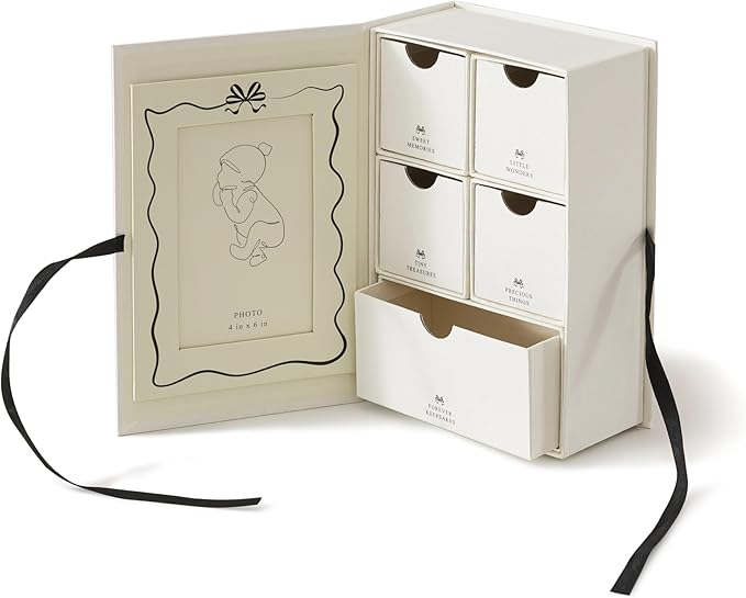 Soul & Lane Baby Keepsake Box with 5 Compartments, Baby Memory Box with Photo Frame, Newborn Storage Organizer for Girl and Boy, Memory Keeper for New Parents