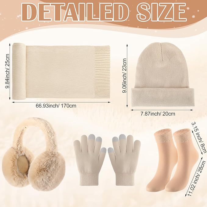 Geyoga 6 Pcs Women Winter Beanie Hat Scarf Gloves Ear Muffs Fuzzy Socks Set, Touchscreen Gloves for Thermal Gift Cold Weather