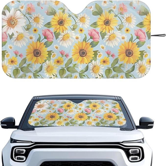 Sunflower Daisy Car Sun Shade Blocks UV Rays Lightweight Front Windshield Sun Visor Protector Fashion Car Accessories for Most Car SUV Trucks
