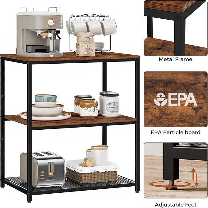Homleke Kitchen Island with 3 Shelves, Kitchen Shelf with Large Workstation, Bakers Rack, Workbench, Metal Frame, Rustic Brown and Black