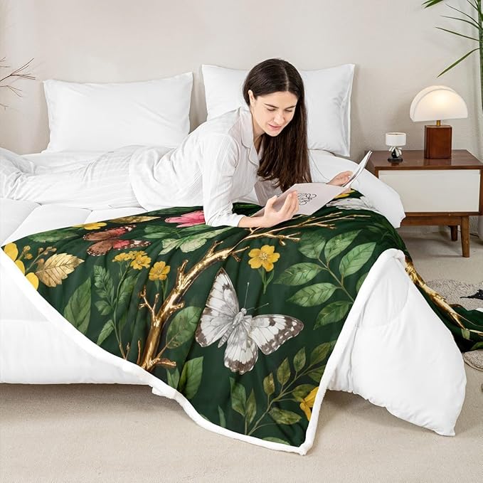 Feelyou Girls Butterfly Fleece Throw Blanket Twin 60"x80" Kids Botanical Leaves Sherpa Blanket Plush Fuzzy for Bed Couch Chair Living Room, Beautiful Flower Bed Blanket Green Room Decor