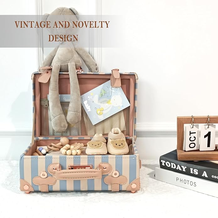 Unitravel Baby Keepsake Case, Handmade Memory Storage Box, Newborn Keepsake Box, Vintage Suitcase for Baby Shower, Baptism, Naming Ceremony or Birthday